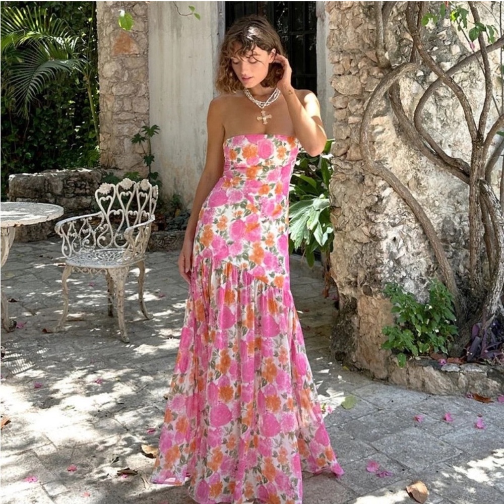 12th Tribe LaBelle Strapless Drop Waist Pink Floral Maxi Dress